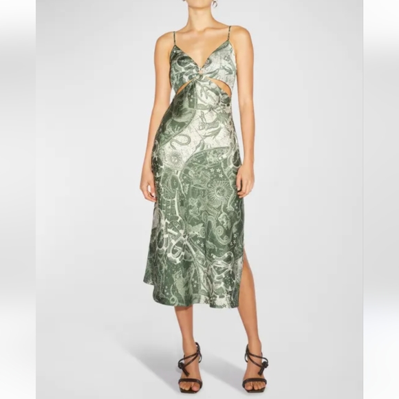6. NWT JONATHAN SIMKHAI ELIZA PRINTED CUT OUT MIDI SLIP DRESS IN ARMY ASTROLOGY - Picture 1 of 4